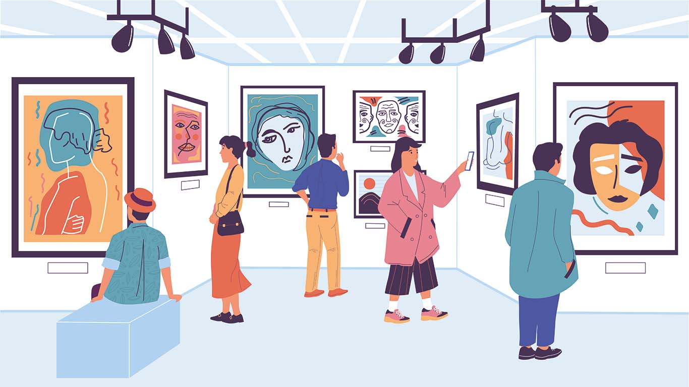 art gallery illustration visitors looking at framed artworks